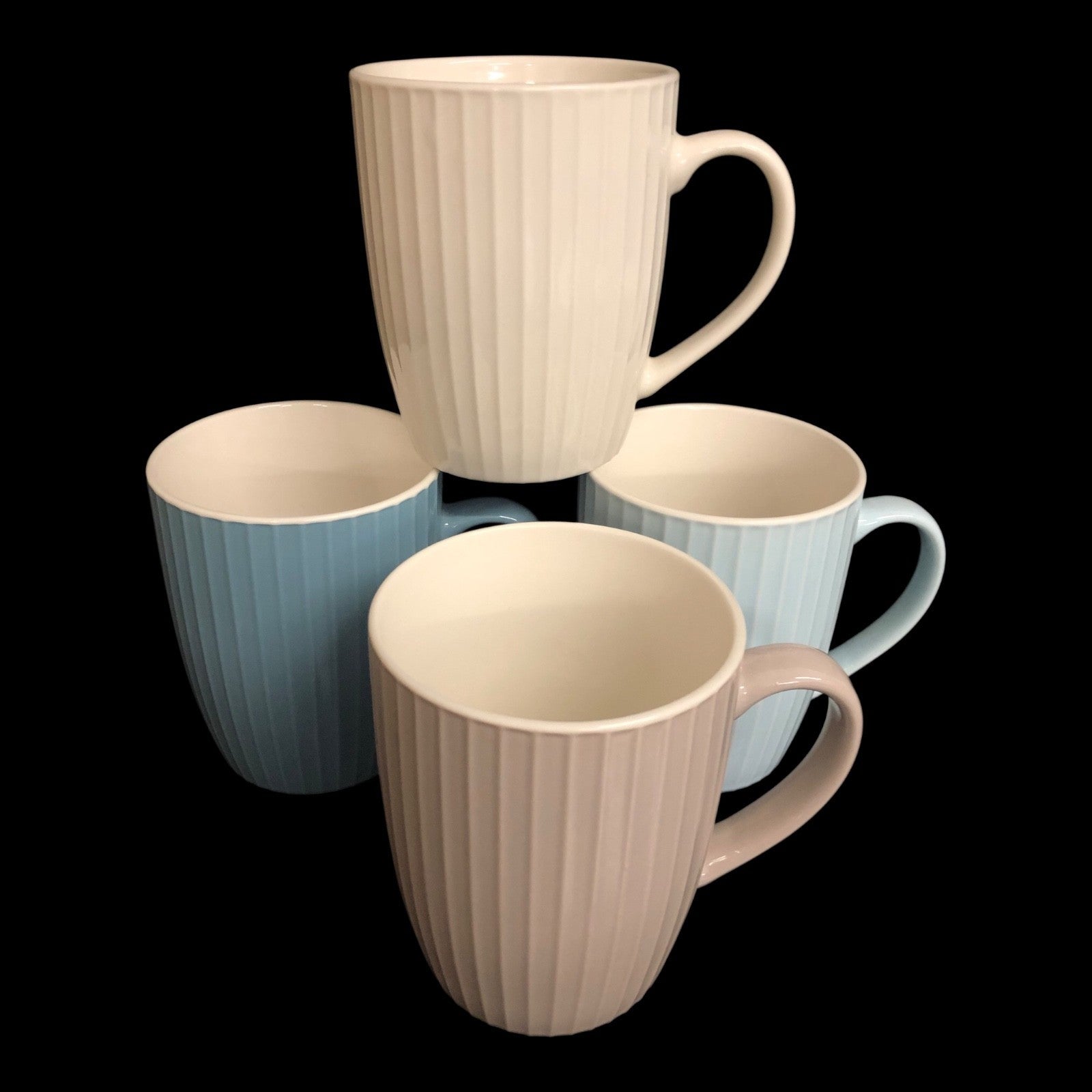 4x Kaffeebecher 330ml – Keramik Tassen Set Streifen Blau Weiß Grau Kaffee Becher