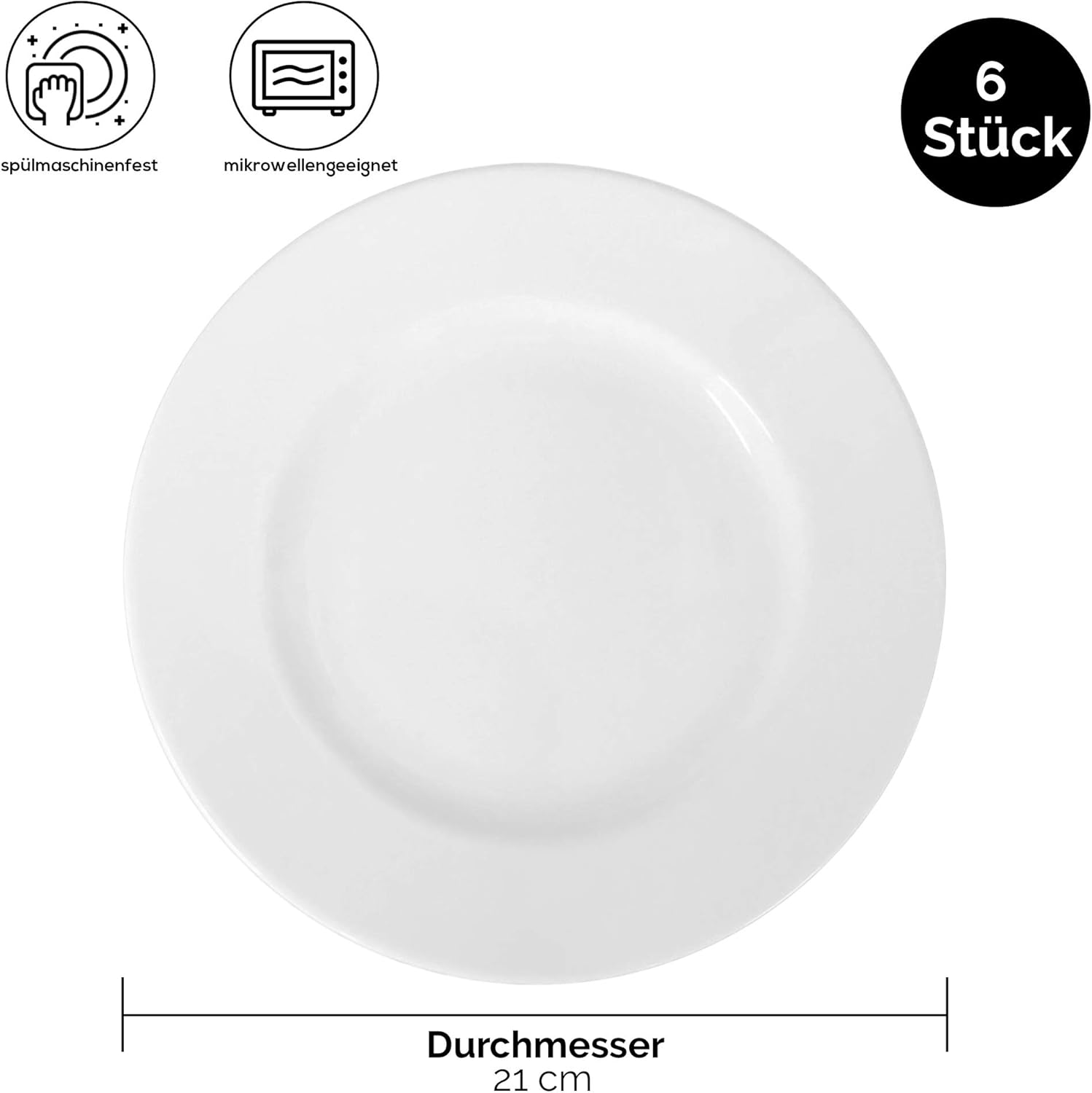 Frühstücksteller 6 Stück 21cm flach | Dessertteller Porzellan Set | Serie Roma