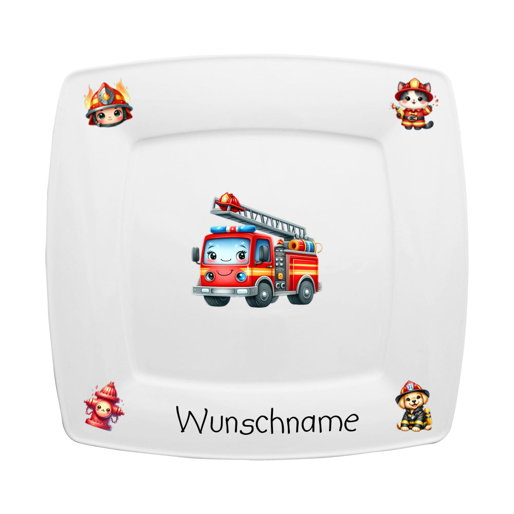 Kinderservice eckig 5-tlg. Kids Feuerwehr mit Wunschname
