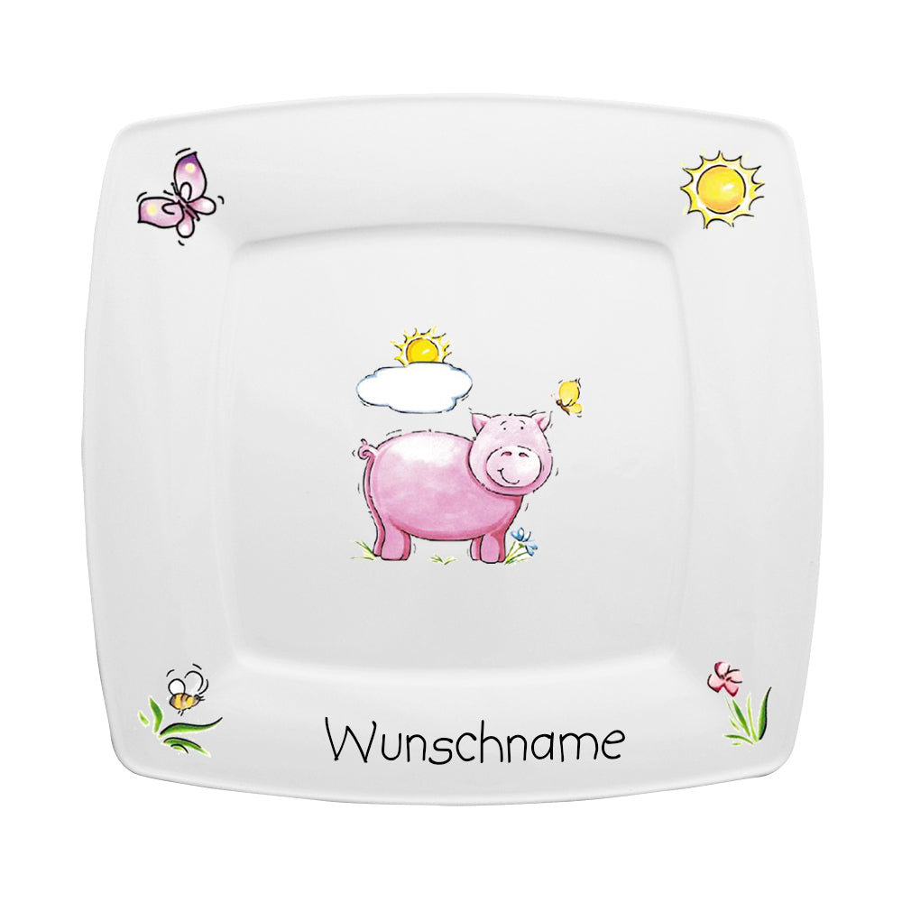 Frühstücksservice 3-tlg. eckig Schwein mit Wunschname