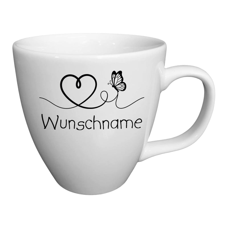 Kaffeebecher Tasse Porzellan 400ml Schmetterling & Herz mit Wunschname