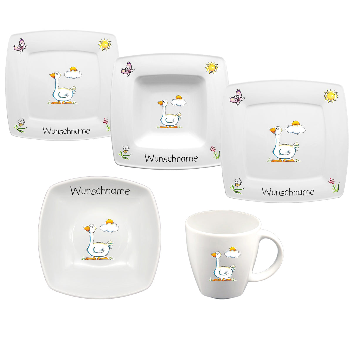 Kinderservice eckig 5-tlg. Gans mit Wunschname