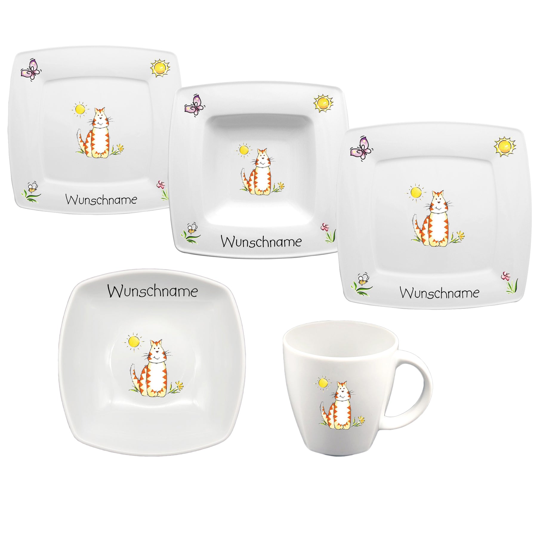 Kinderservice eckig 5-tlg. Katze mit Wunschname