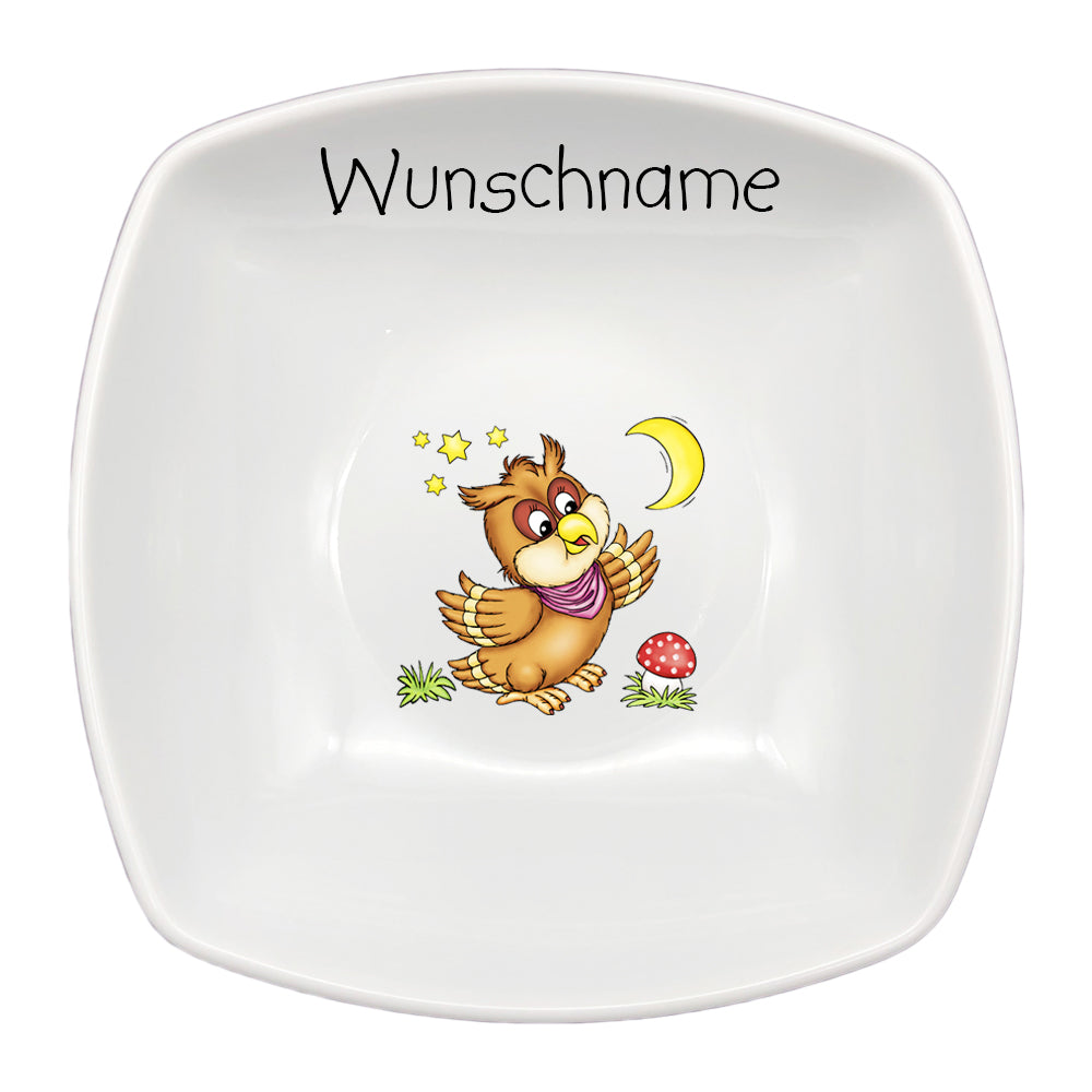Frühstücksservice 3-tlg. eckig Eule mit Wunschname