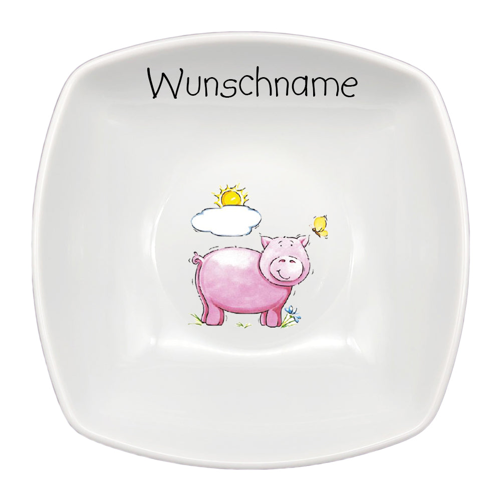 Frühstücksservice 3-tlg. eckig Schwein mit Wunschname