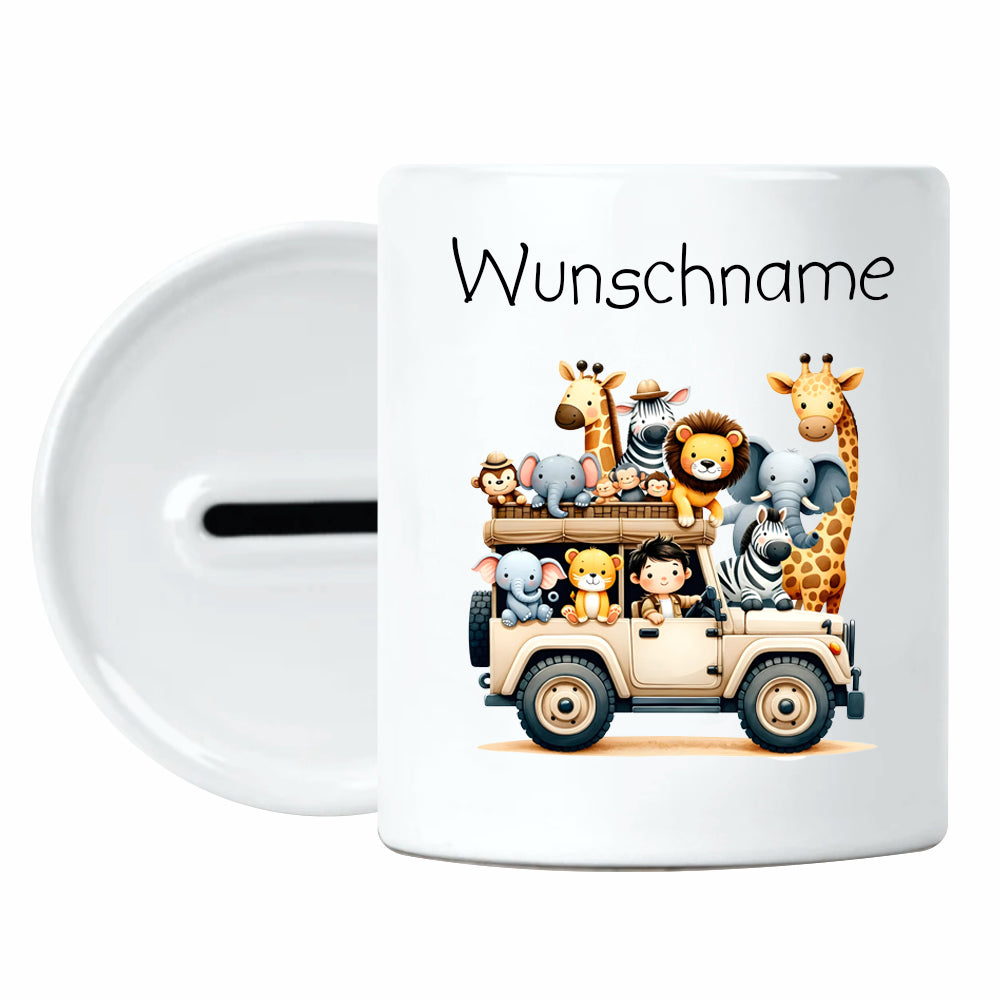 Spardose Safari Jeep Dschungeltiere mit Wunschname