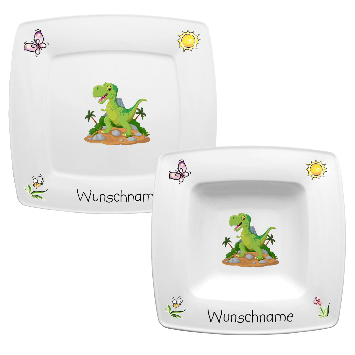 Speiseservice eckig 2-tlg. Dinosaurier mit Wunschname