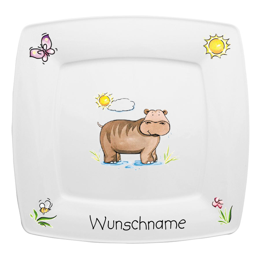 Speiseservice eckig 2-tlg. Nilpferd mit Wunschname
