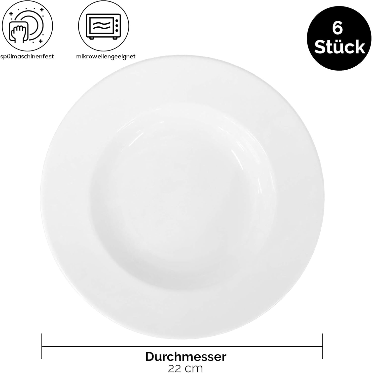 Suppenteller 6 Stück 22cm tief | Suppen Teller Porzellan Set | Serie Roma