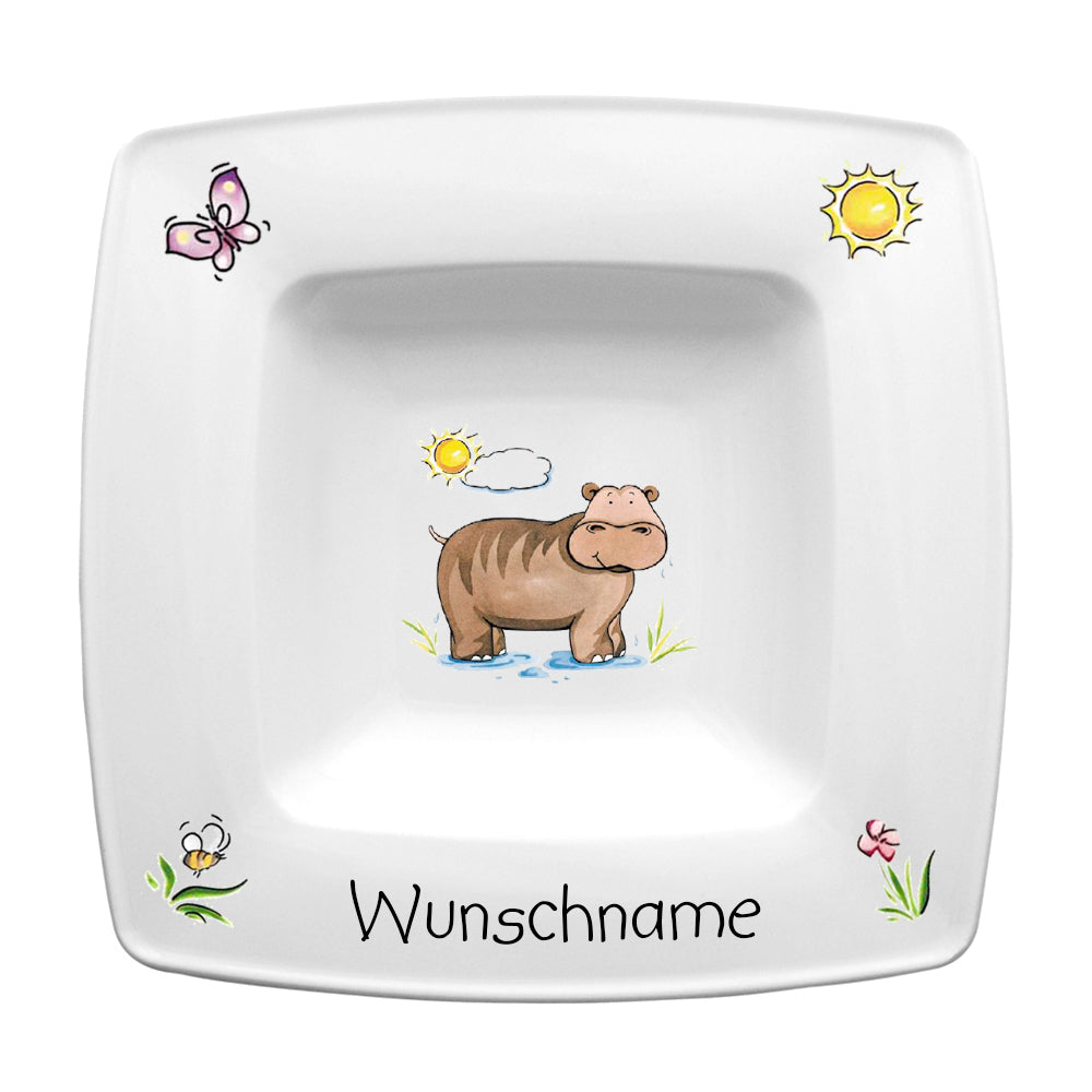 Speiseservice eckig 2-tlg. Nilpferd mit Wunschname