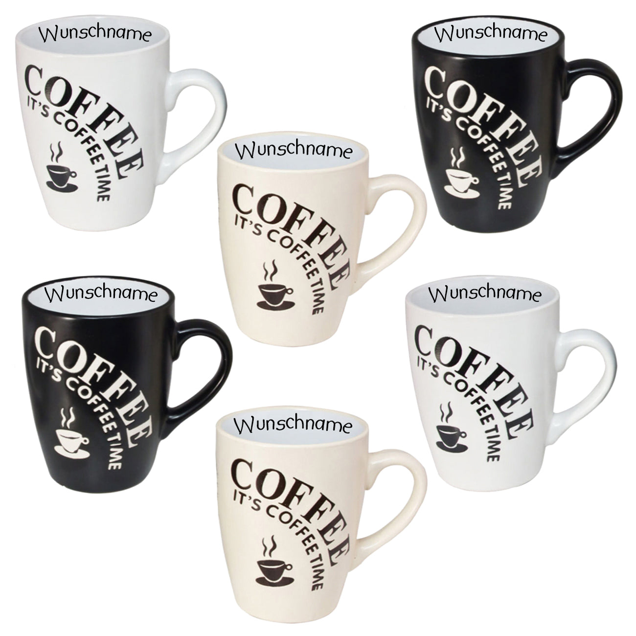 Kaffeebecher Tasse Keramik Coffee Time Schwarz Wunschname
