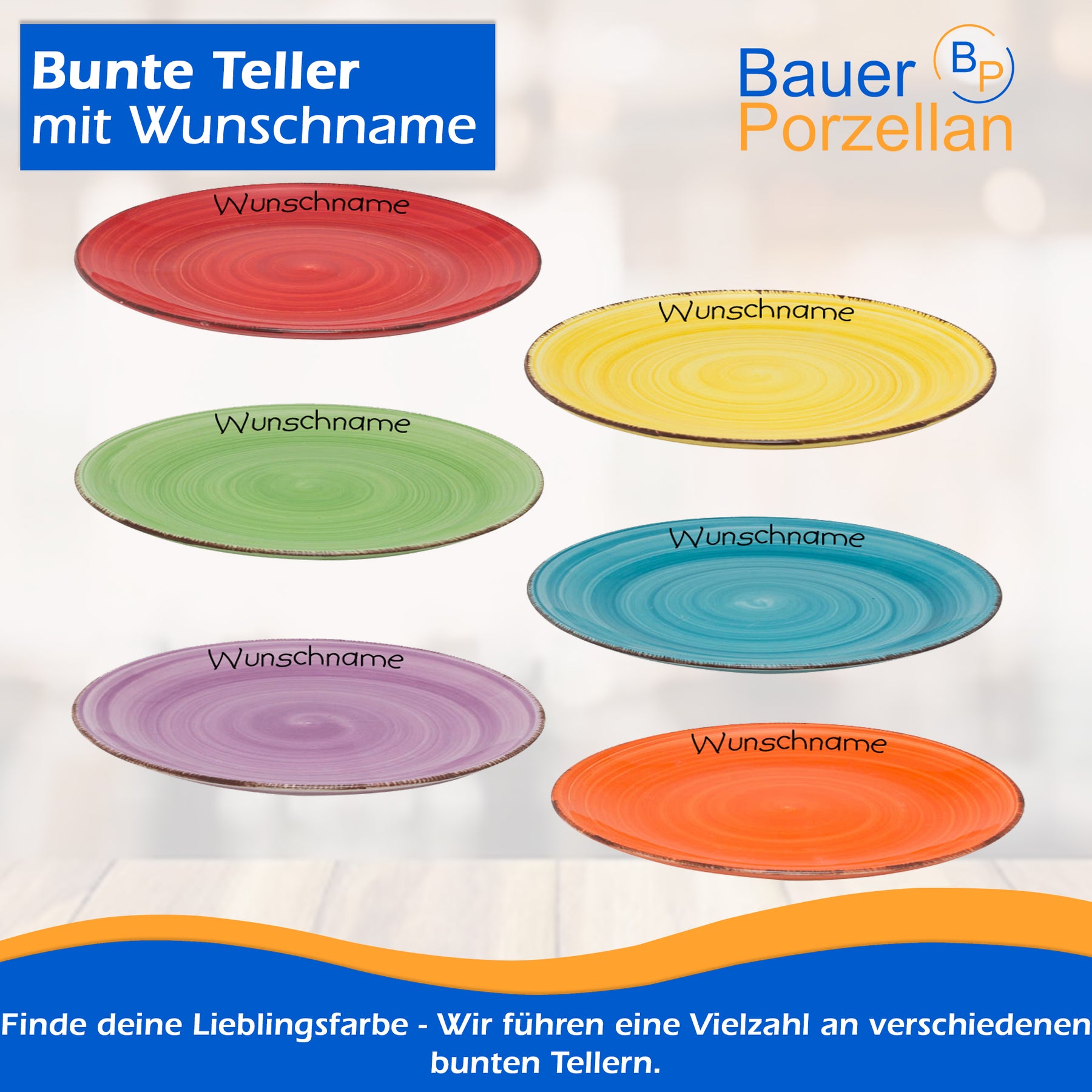 Frühstücksteller Teller flach 19cm Bunt Türkis mit Wunschname