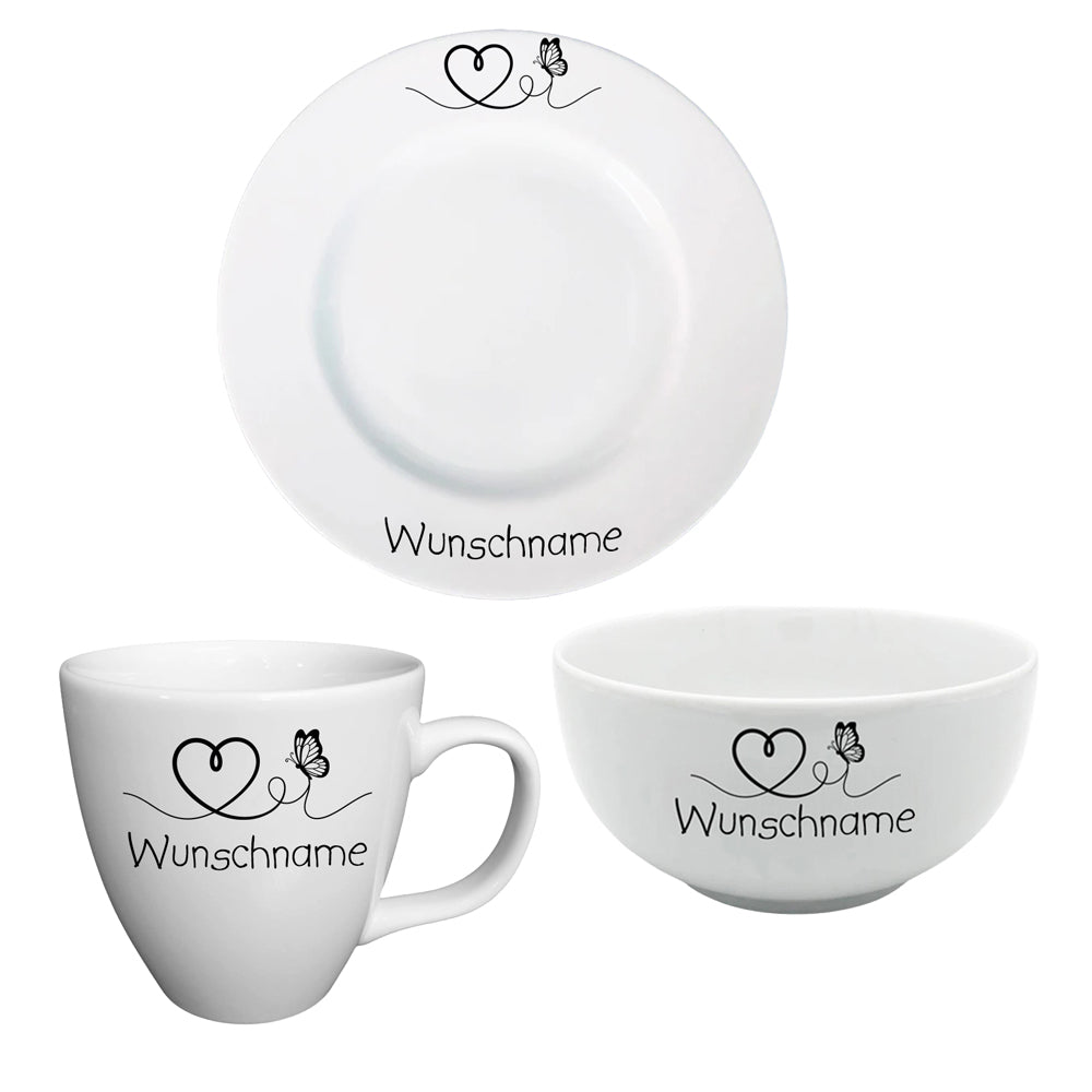 Frühstücksservice 3-tlg. Schmetterling & Herz mit Wunschname