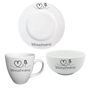 Frühstücksservice 3-tlg. Schmetterling & Herz mit Wunschname