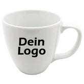 Kaffeebecher Tasse Porzellan weiß 400ml bauchig mit Logo Schwarz