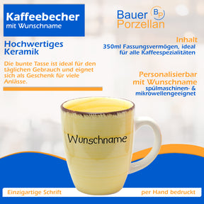 Kaffeebecher Tasse Keramik Bunt Gelb mit Wunschname