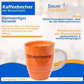 Kaffeebecher Tasse Keramik Bunt Orange mit Wunschname