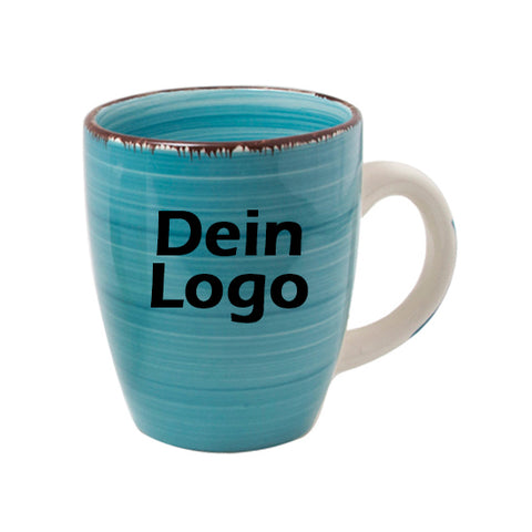 Kaffeebecher Tasse Keramik Bunt Türkis 350ml mit individuellem Logo Schwarz