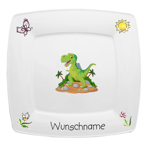 Speiseservice eckig 2-tlg. Dinosaurier mit Wunschname
