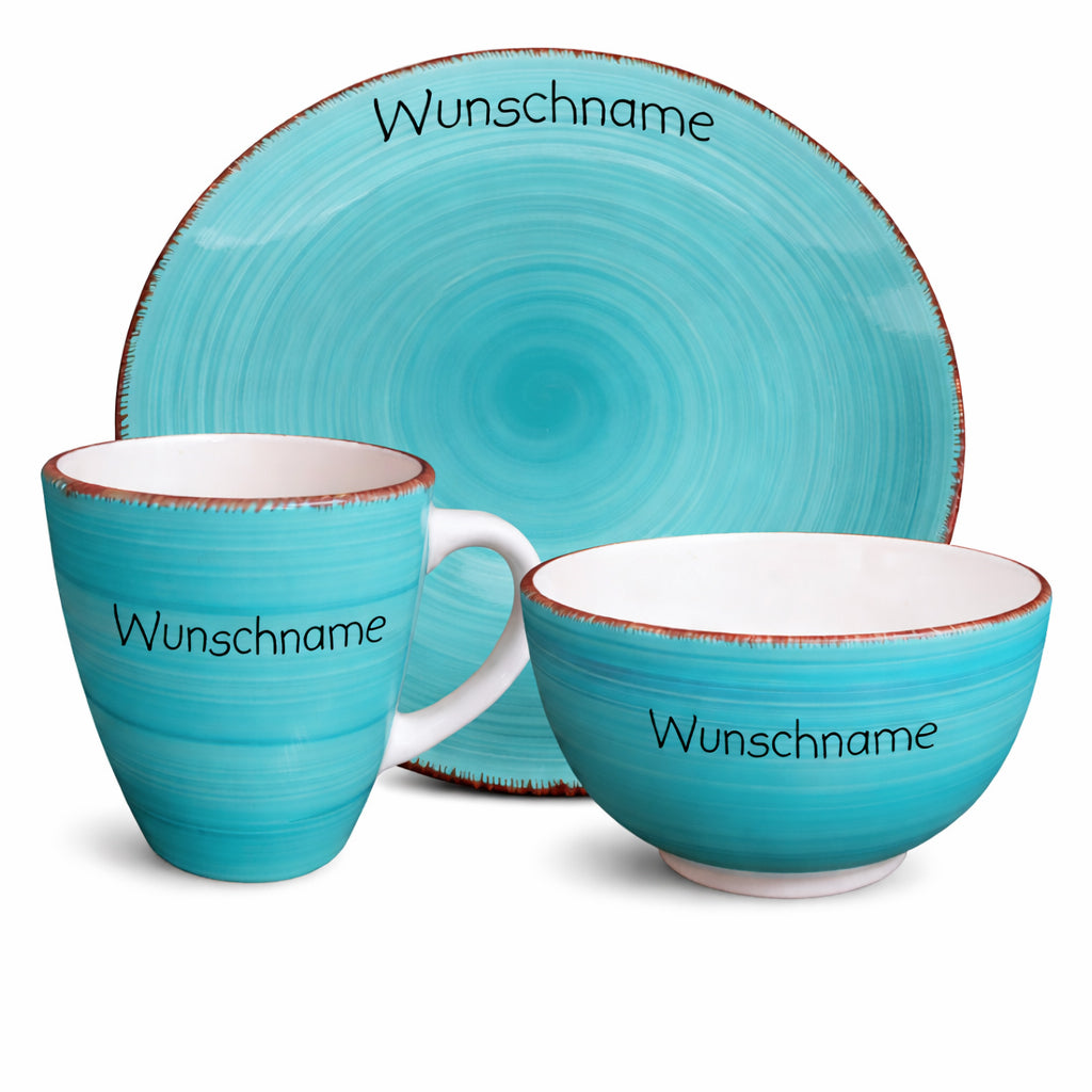 Frühstücksservice 3-tlg. Türkis mit Wunschname