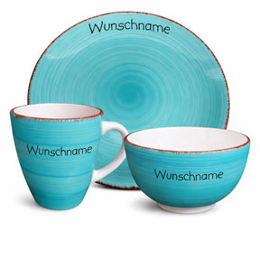 Frühstücksservice 3-tlg. Türkis mit Wunschname